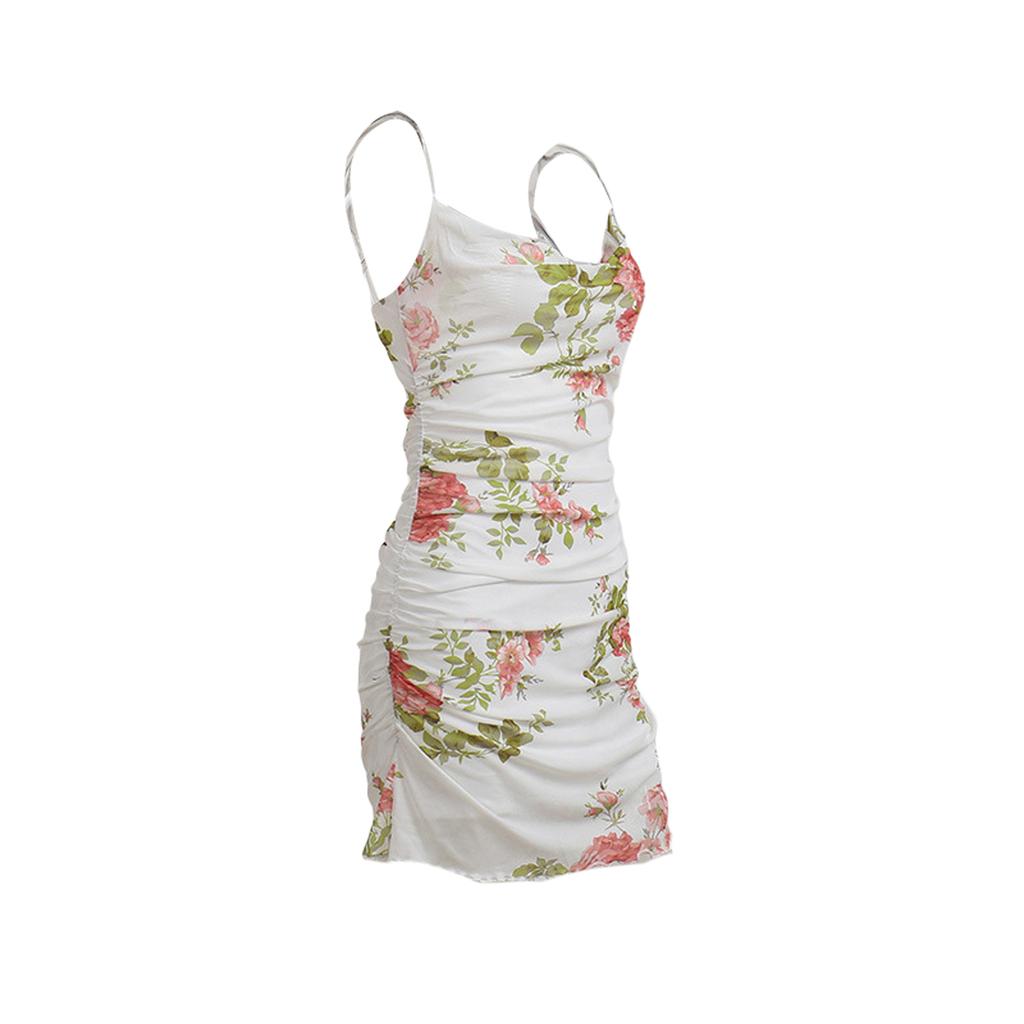 Vestido con tirantes para mujer, vestido con tirantes a la cadera, paquete de malla fruncido Floral Vintage, trajes cortos ajustados de verano para fiesta/club/bar