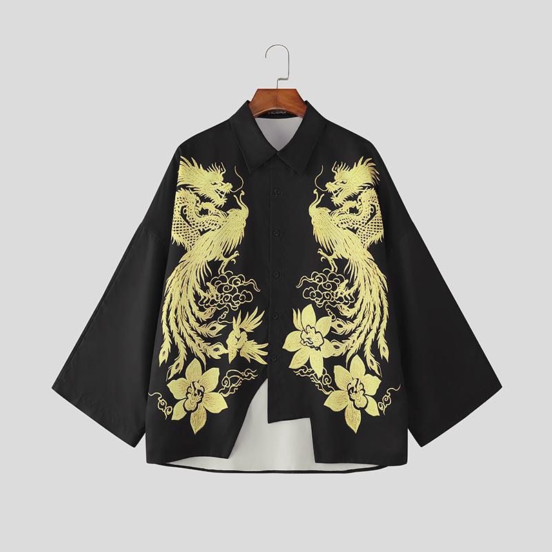 INCERUN Summer Men Lapel Neck 3/4 Sleeve Print Irregular Casual Shirts S