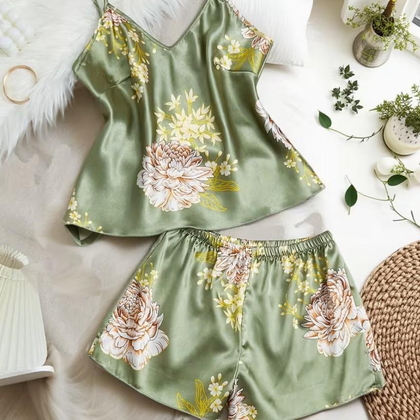 New European and American printed two-piece pajamas, sexy fashion suspender set, spring and summer printed thin loungewear S