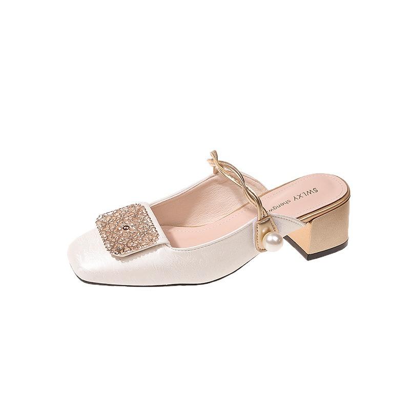 Baotou Half Slippers Women with Spring and Summer Chinese Mary Jane Slippers Rear Empty Thick Heels Cool Slippers Women