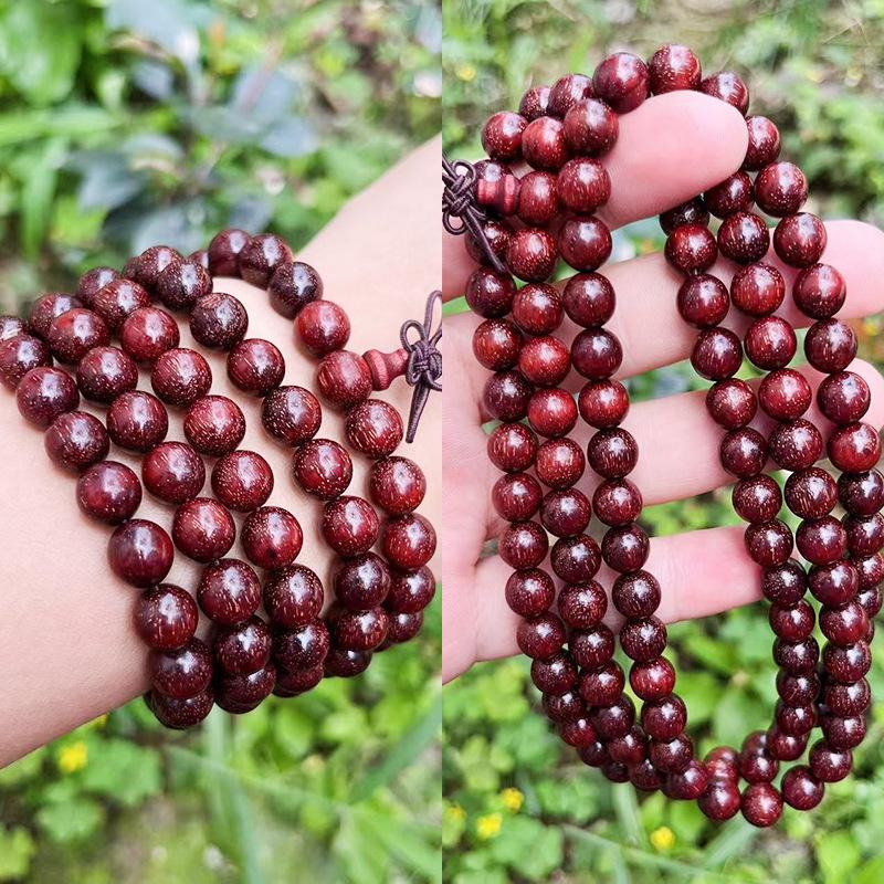 108 Buddha Beads Bracelet in Black Walnut, Red Sandalwood, Black Rosewood and Black Orchid Wood, Chinese Knot Style.