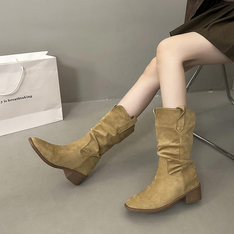 2025 burst new heightened suede western pile boots women's autumn and winter retro style small thick heel medium tube Martin boots