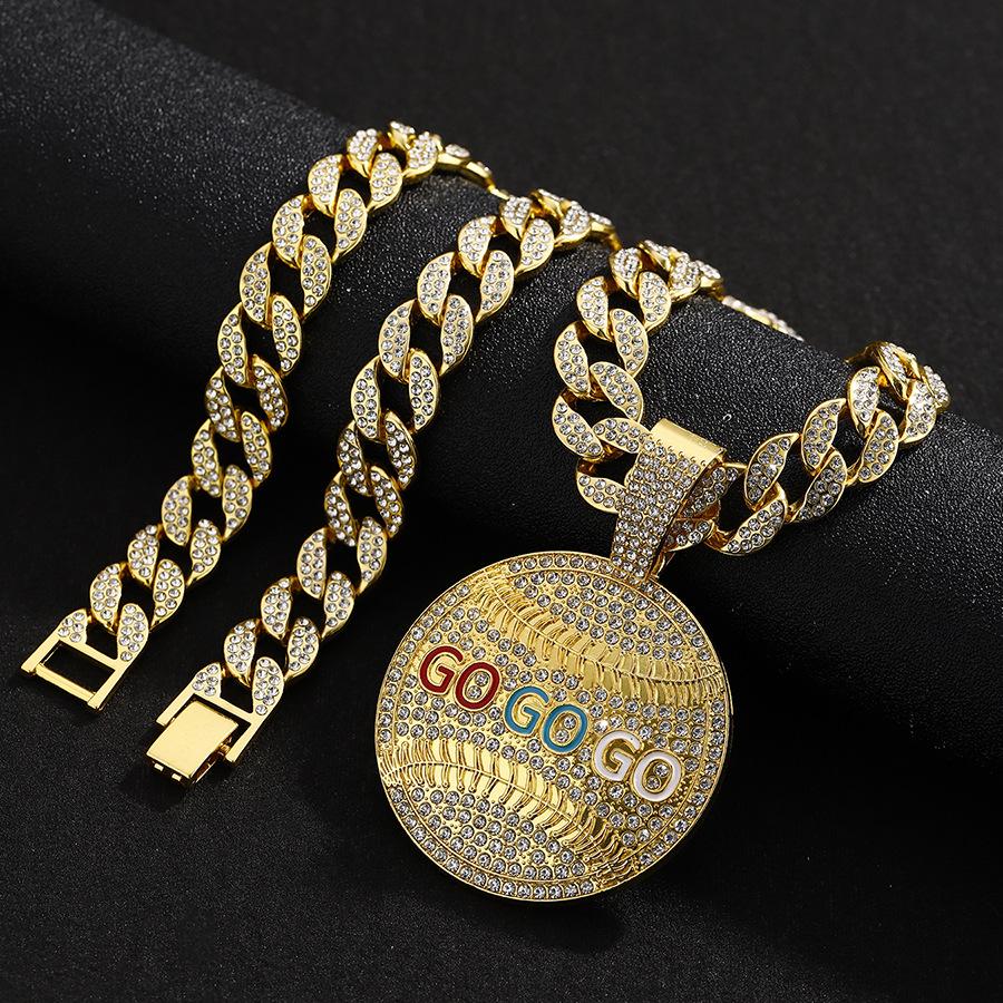 Hip Hop Full Diamond Alloy Round Drip Oil Letter GO Pendant Cuban Chain Fashion Trend Personalized Men's Jewelry