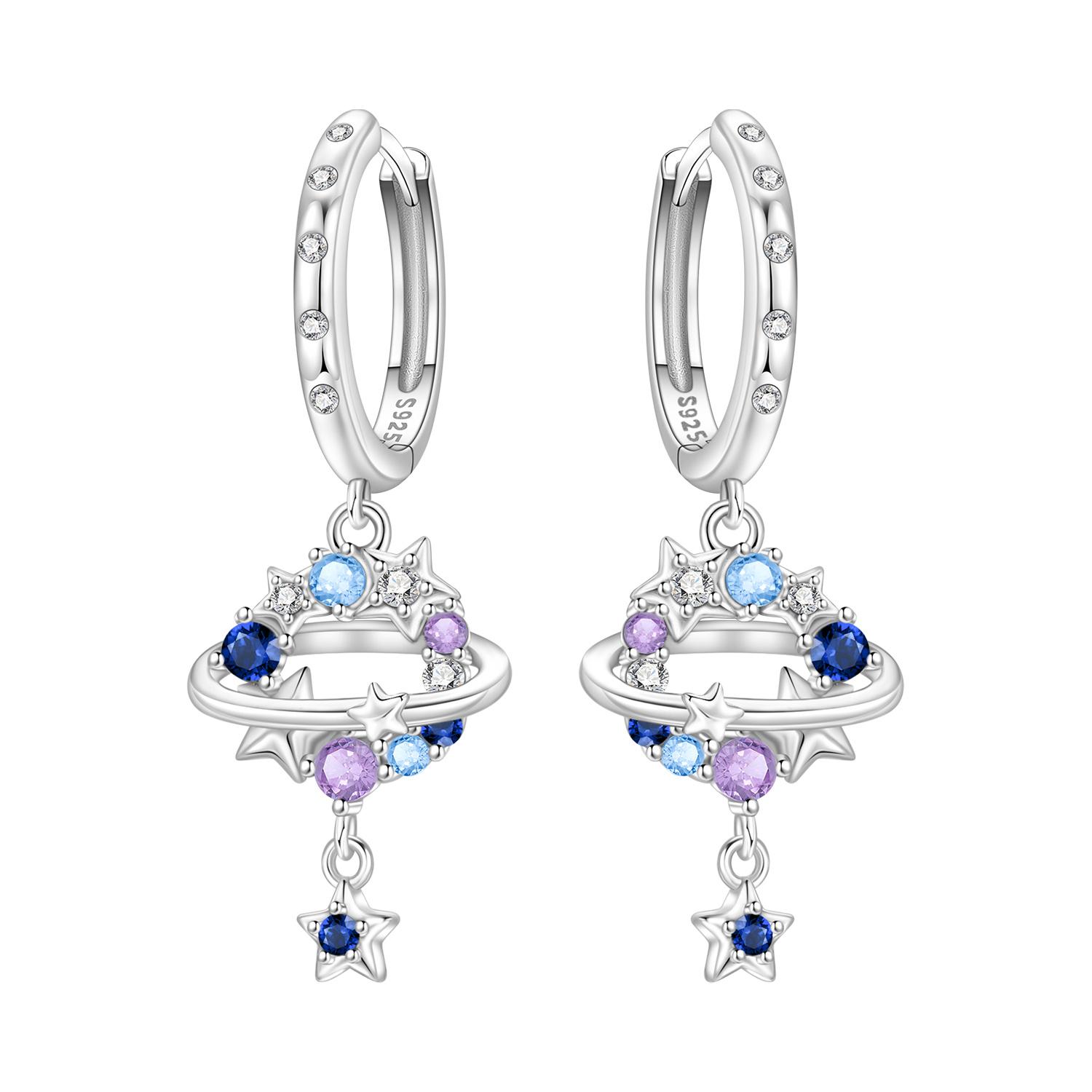 

925 Silver Blue Purple Starry Sky Drop Earrings Women Earrings Charm Fashion Versatile Party Jewelry Gifts