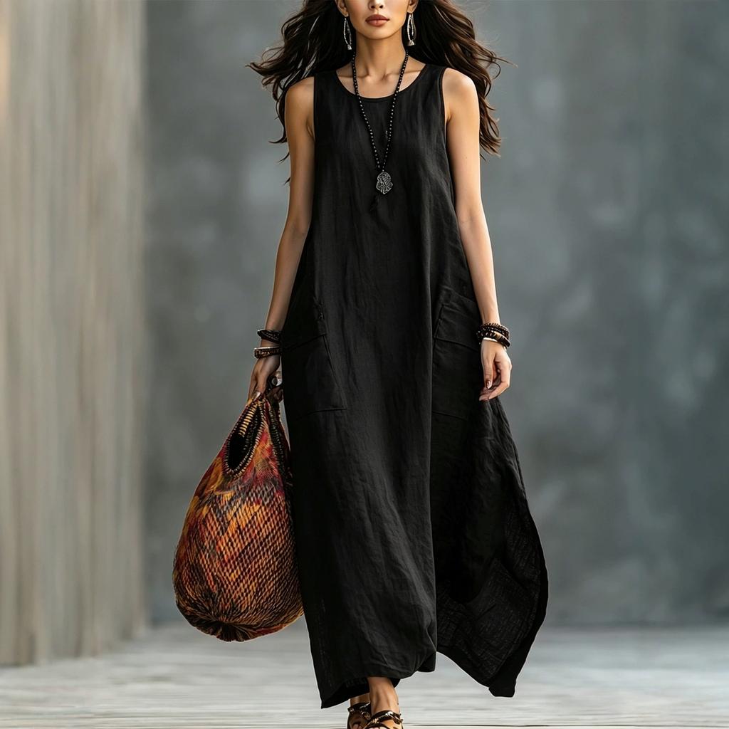 Women Sleeveless Loose Fit Vintage Style Dress Two Pockets Casual Long Maxi Dress Lightweight Summer Dress
