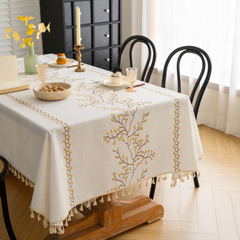 Cross-border Embroidered Plaid Floral Tassel Tablecloth for Coffee & Dining Tables