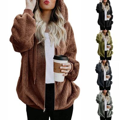 Women's Solid Color Coat Double Faced Velvet Hooded Zipper Coat With Pockets