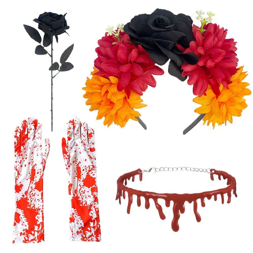 

4-Piece Set Halloween Party Costume Halloween Costume Accessories Set Rose Flower for Women TFG170-5