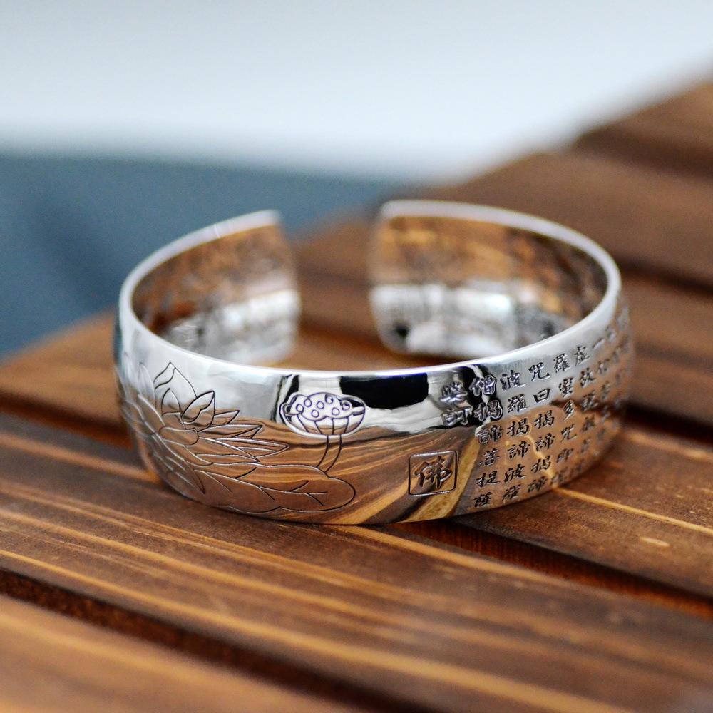 

Zuyin 999 винтажный браслет из чистого серебра с надписью Будды Лотос Сутра, широкий браслет для лица Праджняпарамита, браслет с сердцем Сутры для женщин Adjustable size