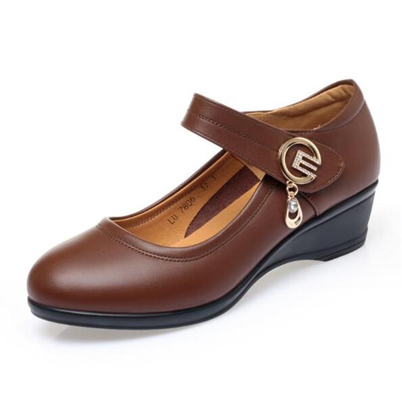 Casual Wedges Women Shoes Black Leather Shoes Fashon Work Office Ladies Shoes Female Pumps Luxury Buckle Strap Heel Shoes