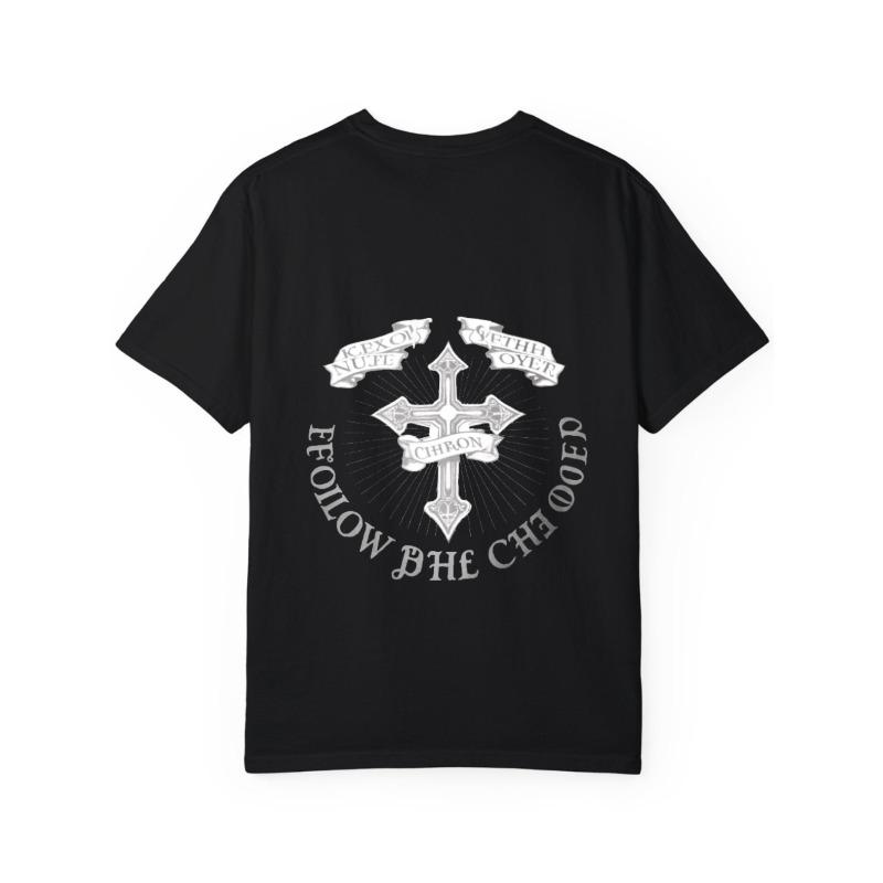 White T Shirt with Cross and Follow The Chief Text Design for Casual Wear