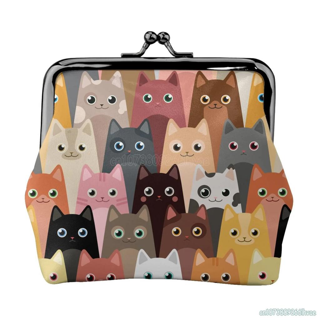 Cute Cartoon Cats Women's Leather Coin Purse Small Change Pouch with Kiss-Lock Clasp Closure Buckle Wallet for Girl Gift