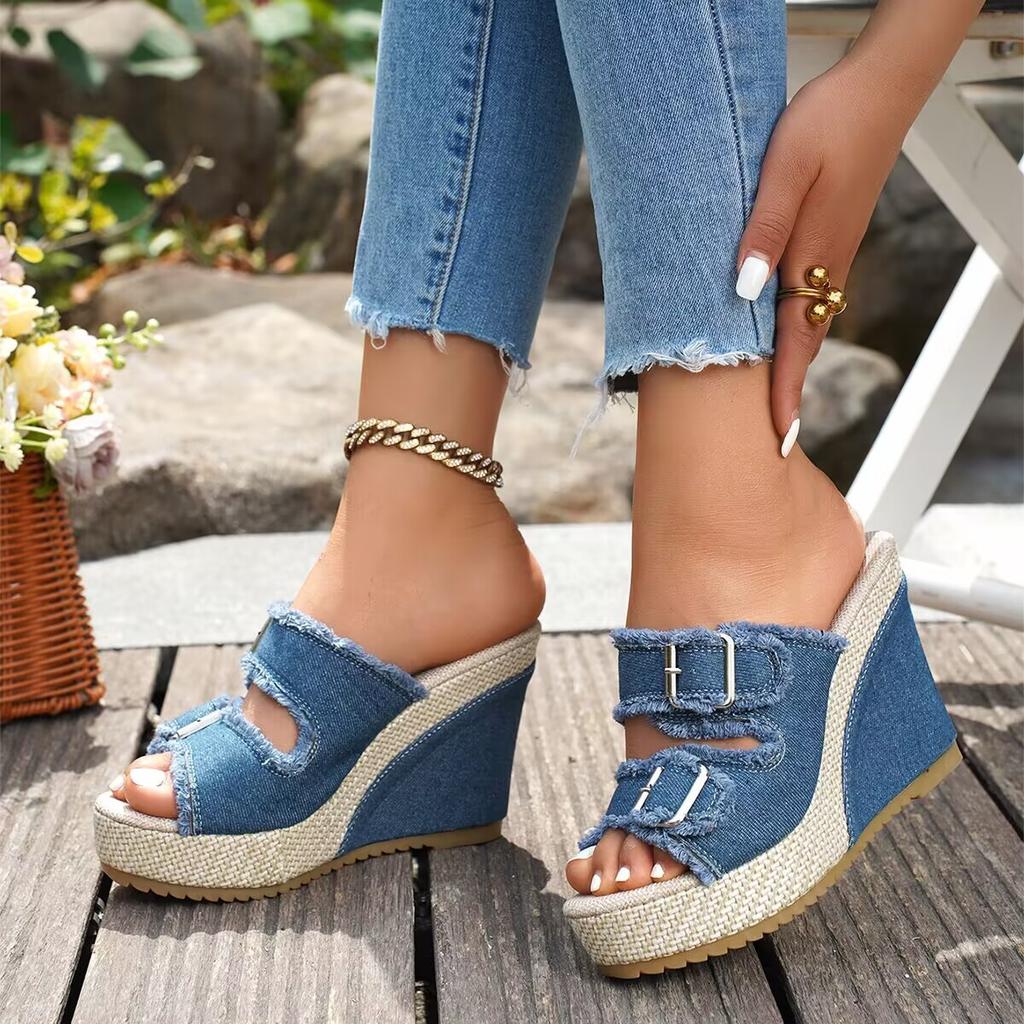 Belt Buckle Wedge Heel Fish Mouth Sandals Women's Denim Platform Slippers Summer Fashion Outer Wear Cool Slippers