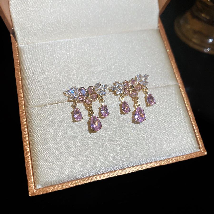 Silver Needle Pink Butterfly Zircon Cutout Stud Earrings - High-End Luxury Fashion Jewelry