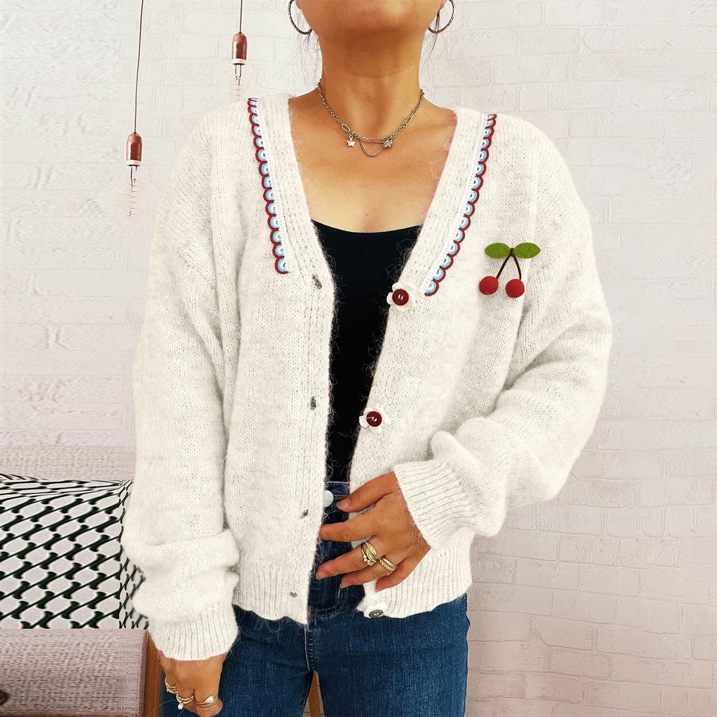 Women's Fashionable Casual Cute Wave V-neck Decoration Flower Button Knit Cardigan Sweater Jacket