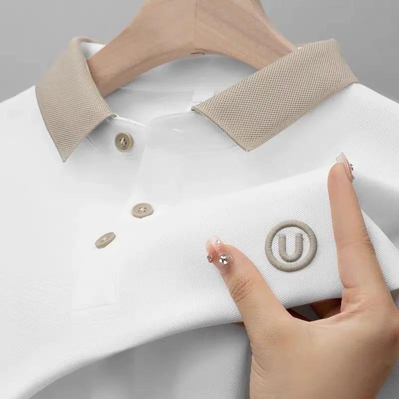 Ice silk short-sleeved T-shirt for men, new summer high-end embroidered luxurious silky quick-dry breathable polo shirt.