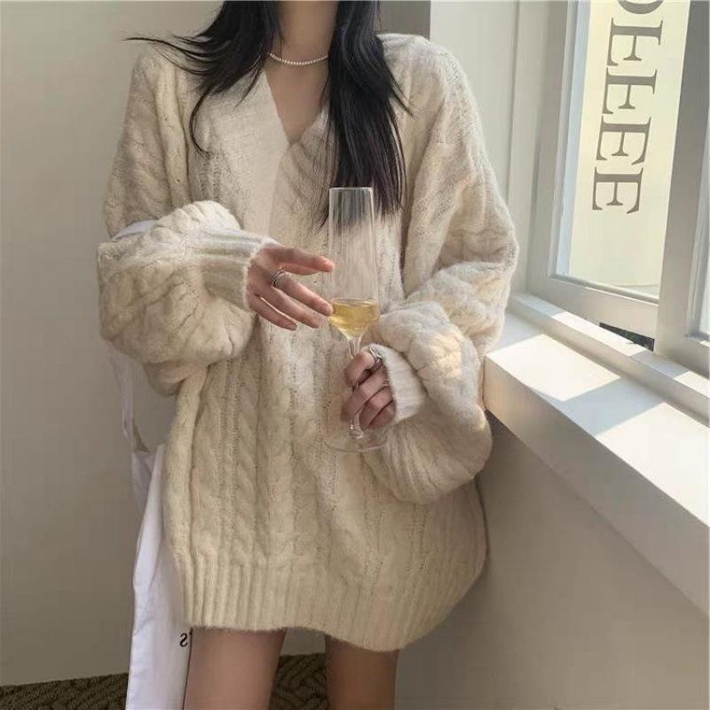 Damen V-Ausschnitt Zopfmusterpullover - Dick, locker und kuschelig für Herbst/Winter.