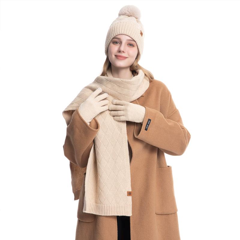 3pcs/set Hat Scarf For Women Gloves Set Outdoor Riding With Touch Screen Winter Pompom Hat Knit Beanie Fleece Lined