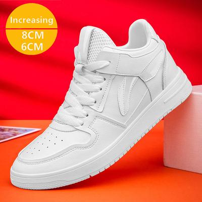 Leather Casual Sneakers Men Sport Platform 6cm 8cm Elevator Shoes Increase Heightening Invisible Height Increasing Shoes White