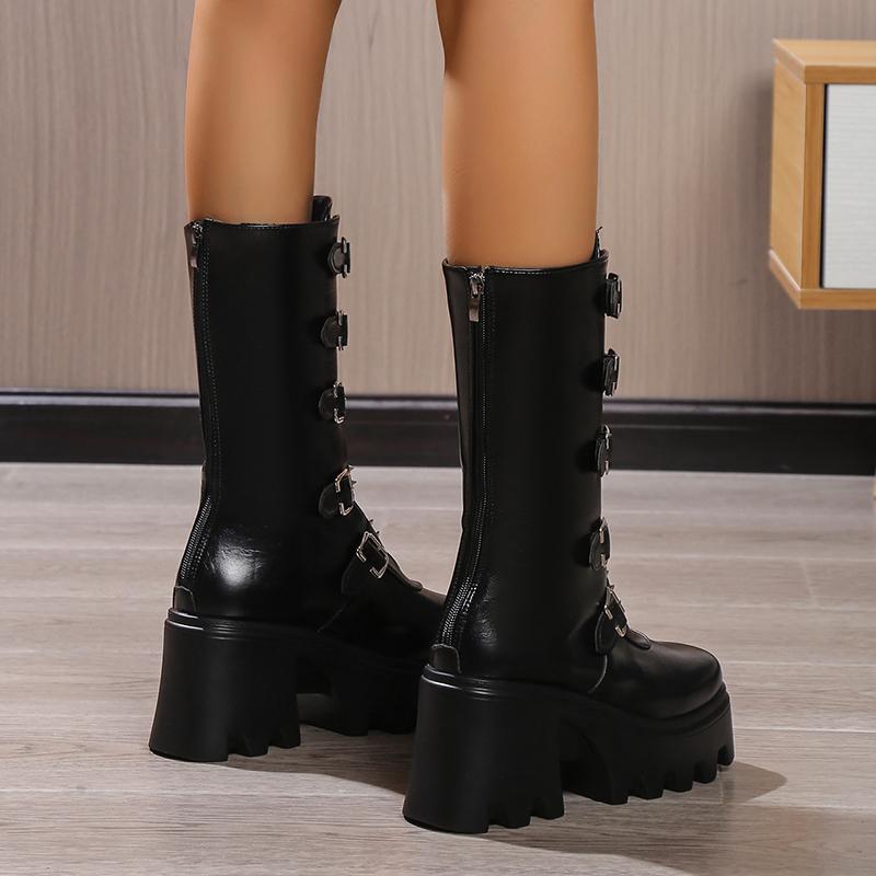 Fashion Women's Gothic Chunky Heel Mid Calf Boots Metal Buckle Strap Platform Punk Boots Woman Thick Bottom PU Leather Motorcycle Shoes