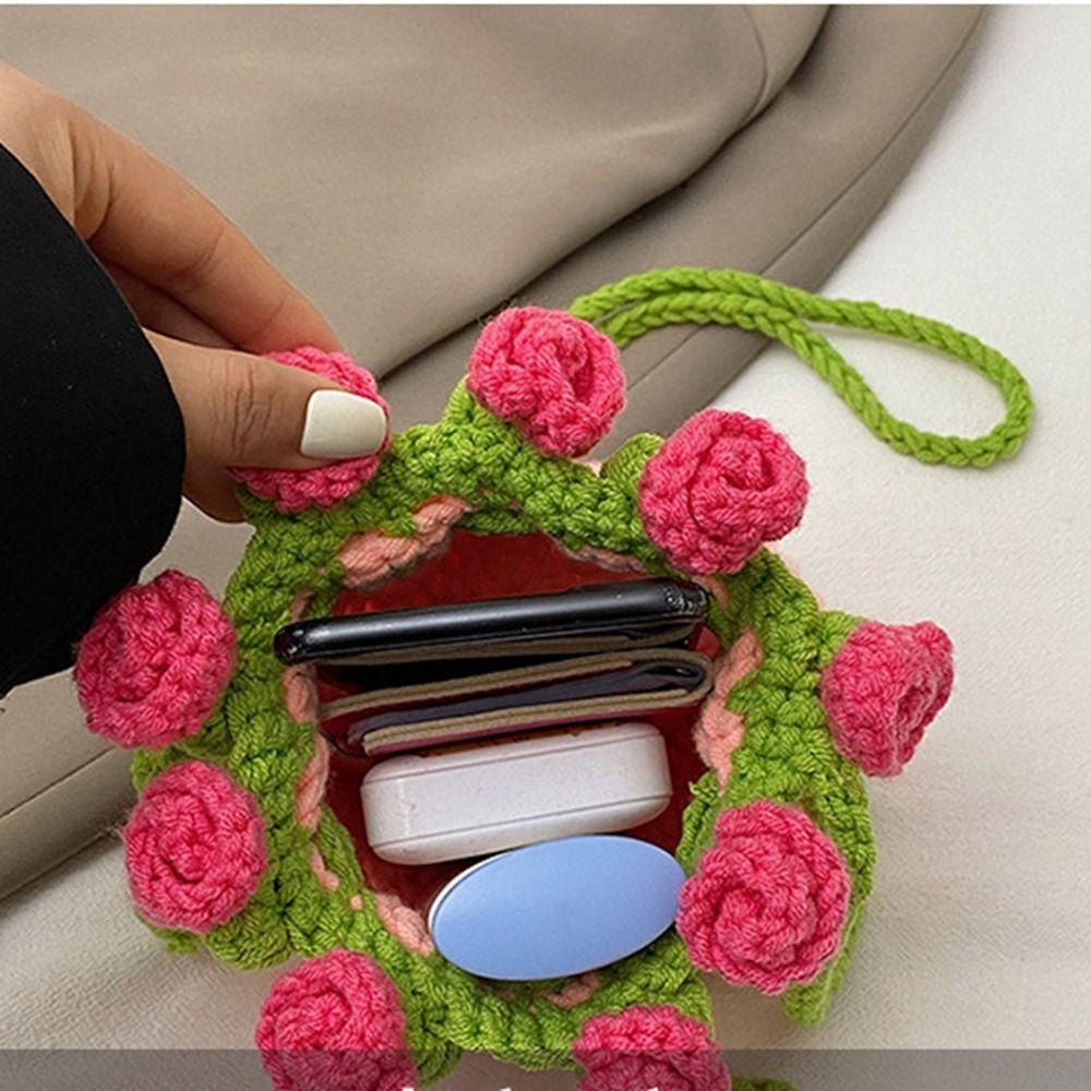 Bohemian Rose Bouquet Weave Bag Crochet Cotton Rope Flower Shoulder Bag Romantic Rustic Knitted Crossbody Bag Birthday Gift