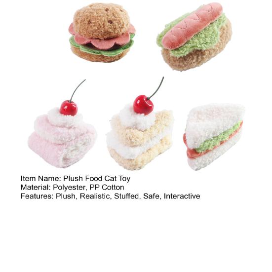 Plush Food Cat Toy Stuffed Dessert Shaped Kitten Toy Realistic Burger Hotdog Sandwich Cake Pet Chew Toy for Indoor Cats