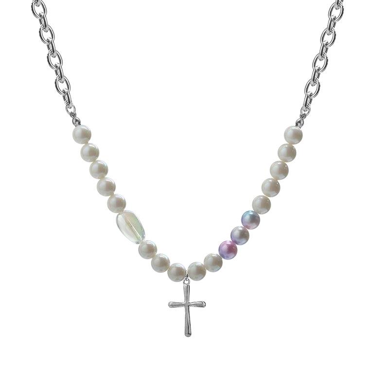 

Diamond Cross Pearl Necklace ins Cold Wind Men Trendy Cool Personality Pendant Couple Chain Titanium Steel Necklace