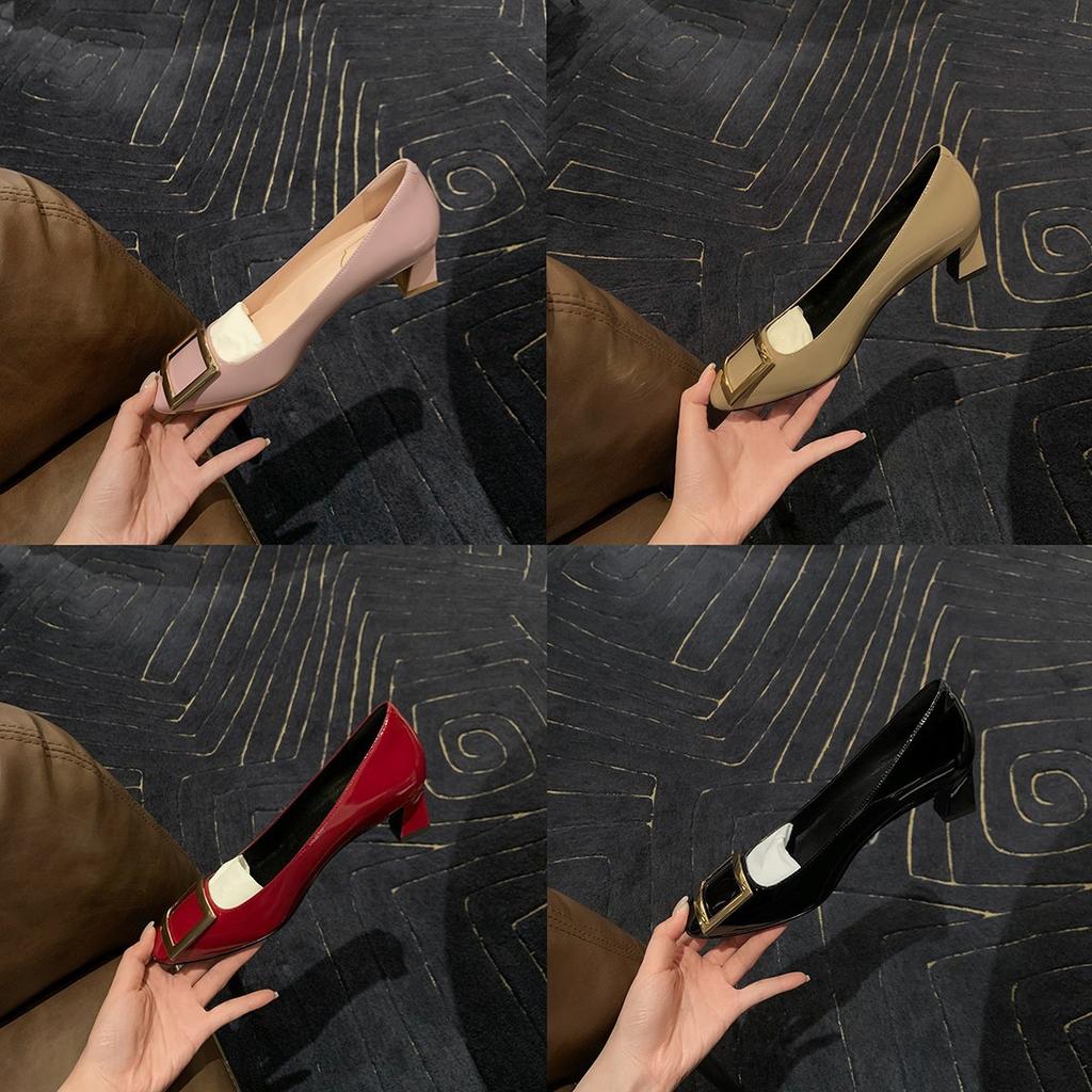 Classic Elephant Gray Square Buckle Single Shoes Women's Thick Heel Rv High Heels Thin Heel Square Head French Beautiful Temperament Commuter Su