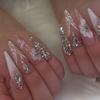 24PCS Spice Girls False Nails Simple White French with Glitter Diamonds Long Stiletto Press On Nails Acrylic Wearable Fake Nails