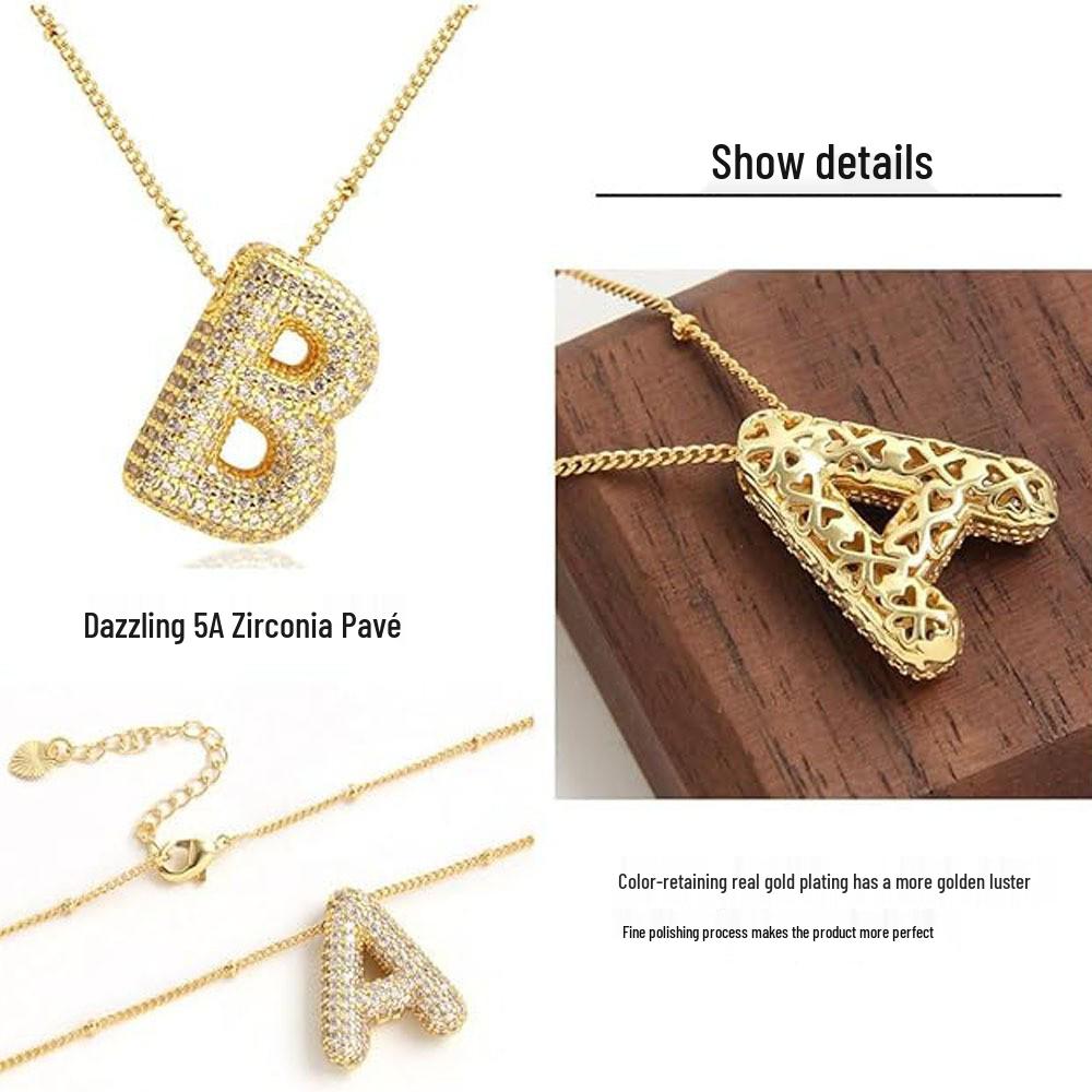 26-Letter Alphabet Pendant Necklace with Copper Clavicle Chain and Micro-Inlaid Zircon