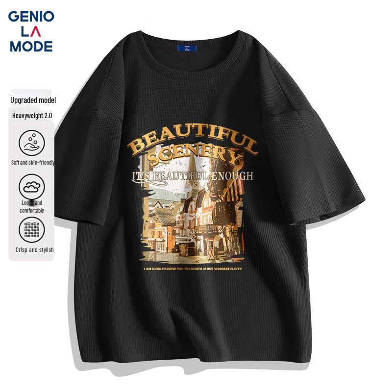 GENIOLAMODE Men s Heavyweight Waffle Knit Printed Short Sleeve T-Shirt 2XL