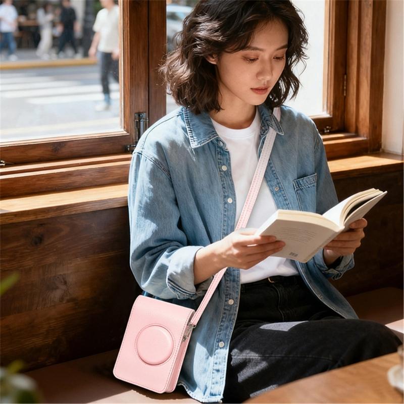 Étui d'appareil photo bandoulière étanche antichoc en cuir PU rose pour Mini EVO Sac de rangement compact avec bandoulière réglable