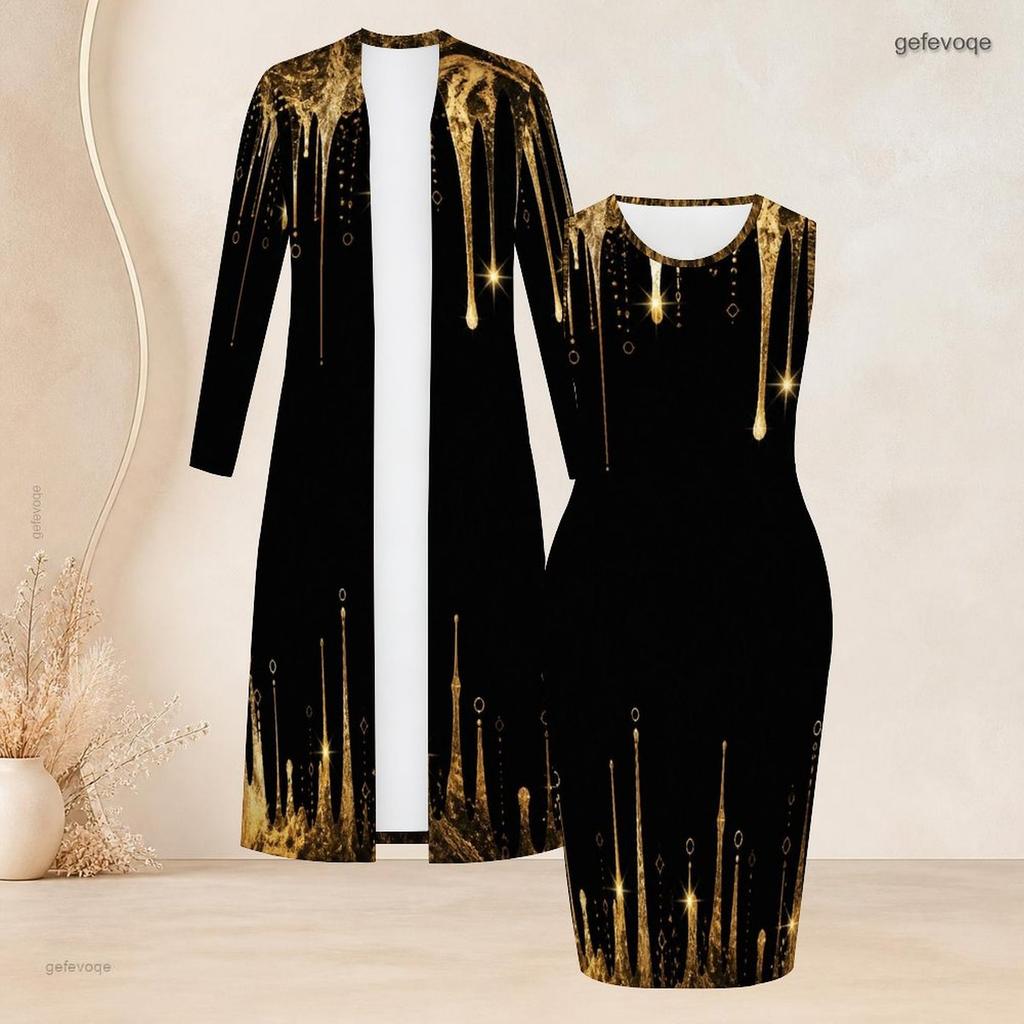 Women Plus Size Two Piece Set Long Sleeve Open Front Cardigan Round Neck Sleeveless Bodycon Dress Black Gold Printed