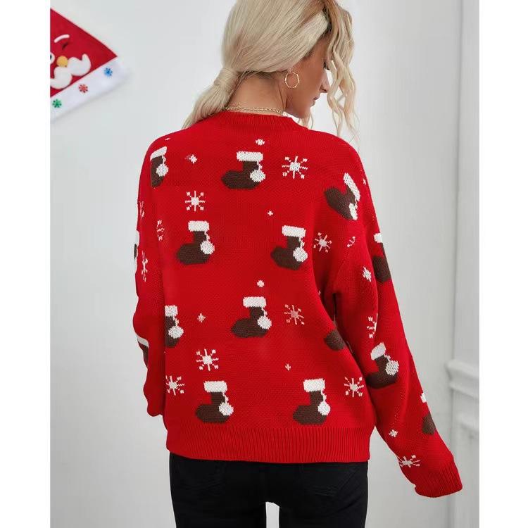 Autumn and Winter Women's Sweater Christmas Day Pullover Sweater Round Neck Loose Knit Sweater