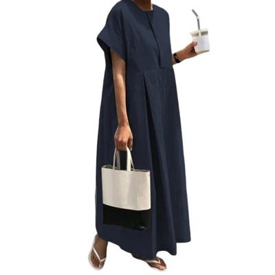 Summer Maxi Dress Loose Pleated O Neck Short Sleeves Pure Color Plus Size OL Commute Daily