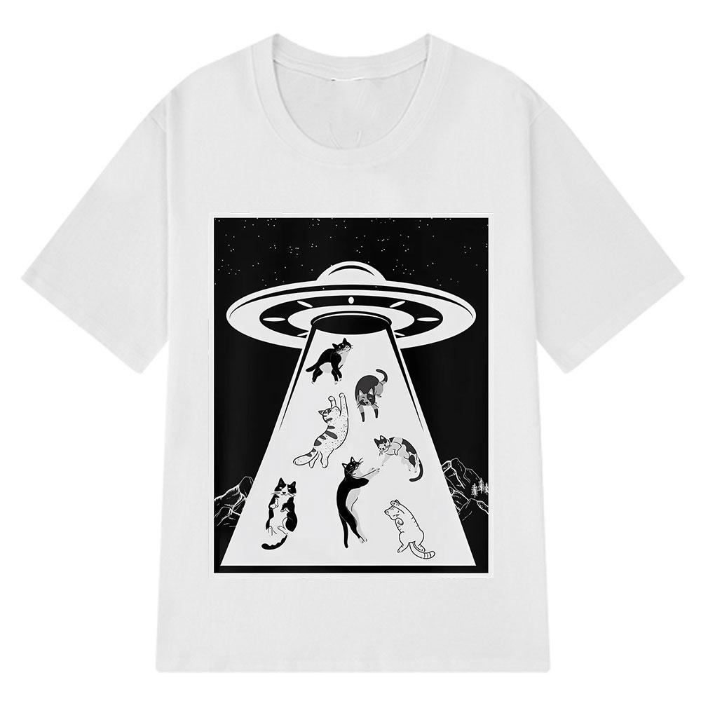 Funny UFO Cat Alien Abduction Cats  Novelty Graphic Tees Men Women Vintage T-shirt Short-sleeved Cotton Fashion Casual T-shirts