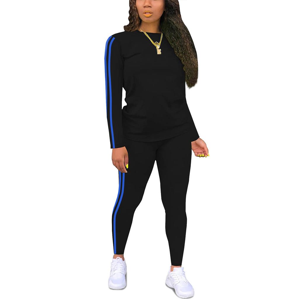 Women's Round Neck Long Sleeve Patchwork Top And Trousers Set With Side Patches Two-Piece Suit