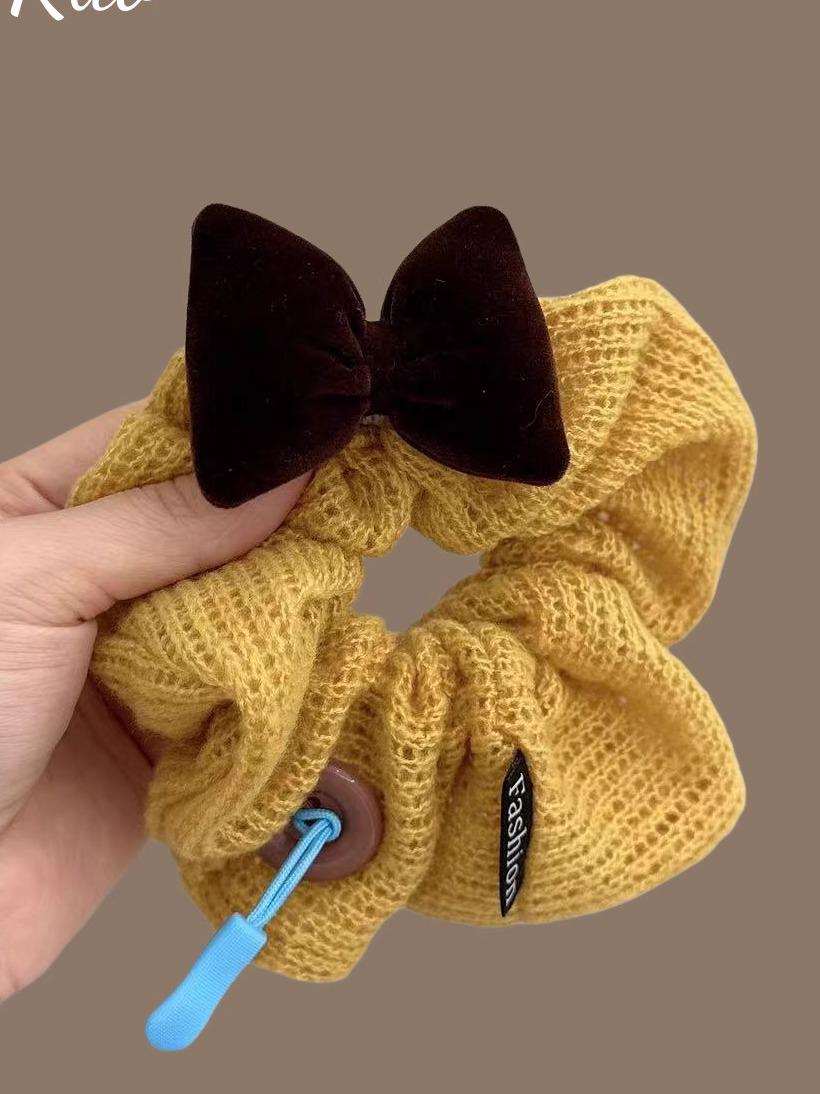 Wool Knit Bow Button Hair Tie for Autumn/Winter - Korean Style Women s Temperament Bun Accessory