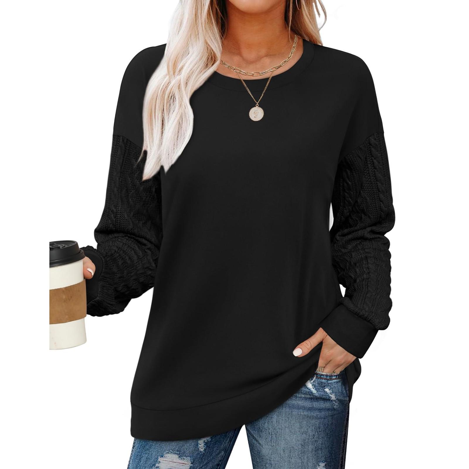 

Свитшоты с круглым вырезом для женщин с рукавами-косами, легкие топы на осень и зиму M чёрный