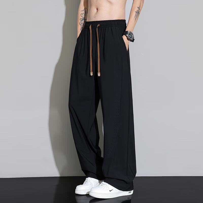 POUM Ice Silk Straight-Leg Pants for Men, Spring And Summer Loose-Fit Sports Breathable Cool Quick-Dry Draping Trousers 2529 Black M
