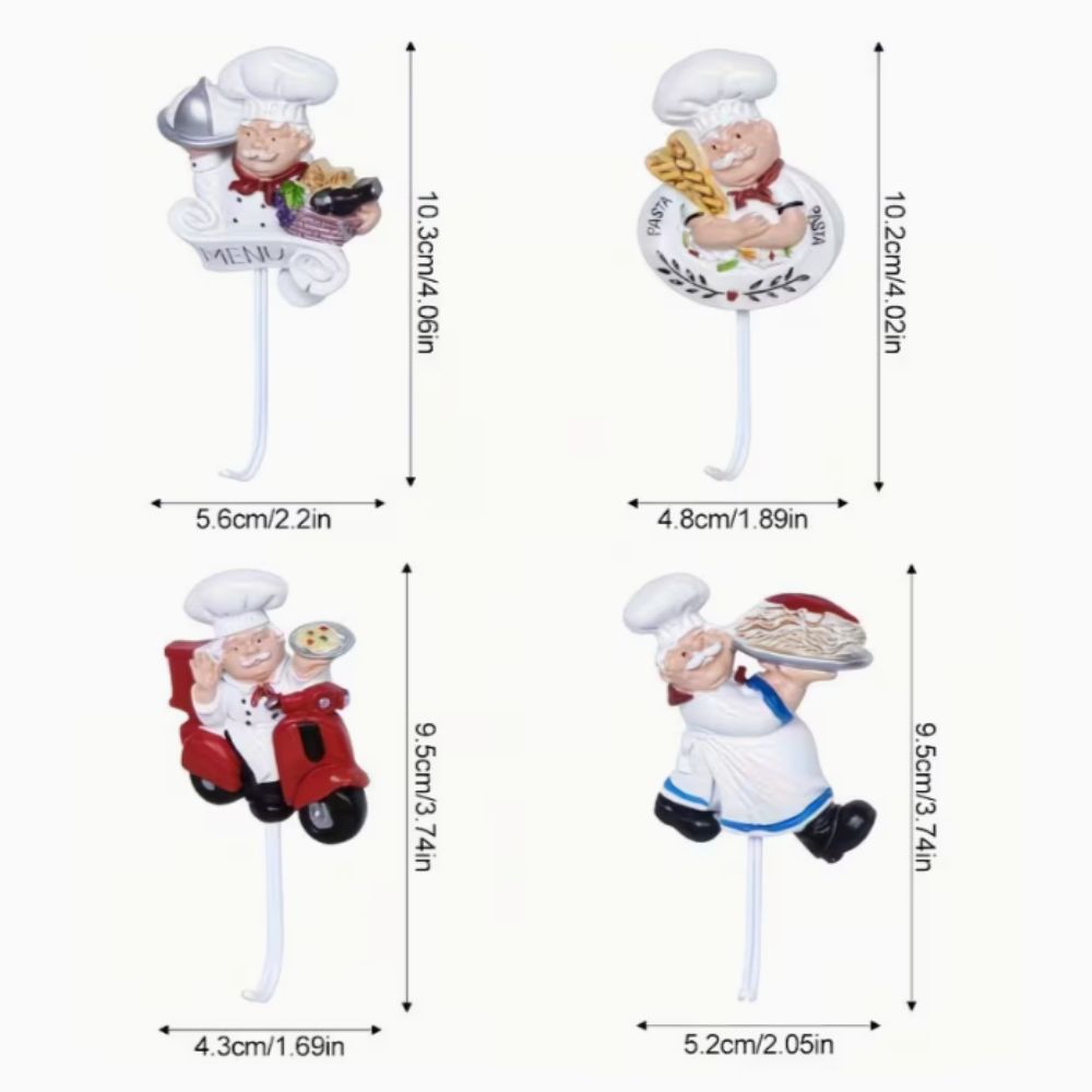4pcs Cute Waterproof Cartoon Chef Hooks Plastic Resin Chef's Bread Hooks Wall Hanging Decorative Key Hangers Entrance