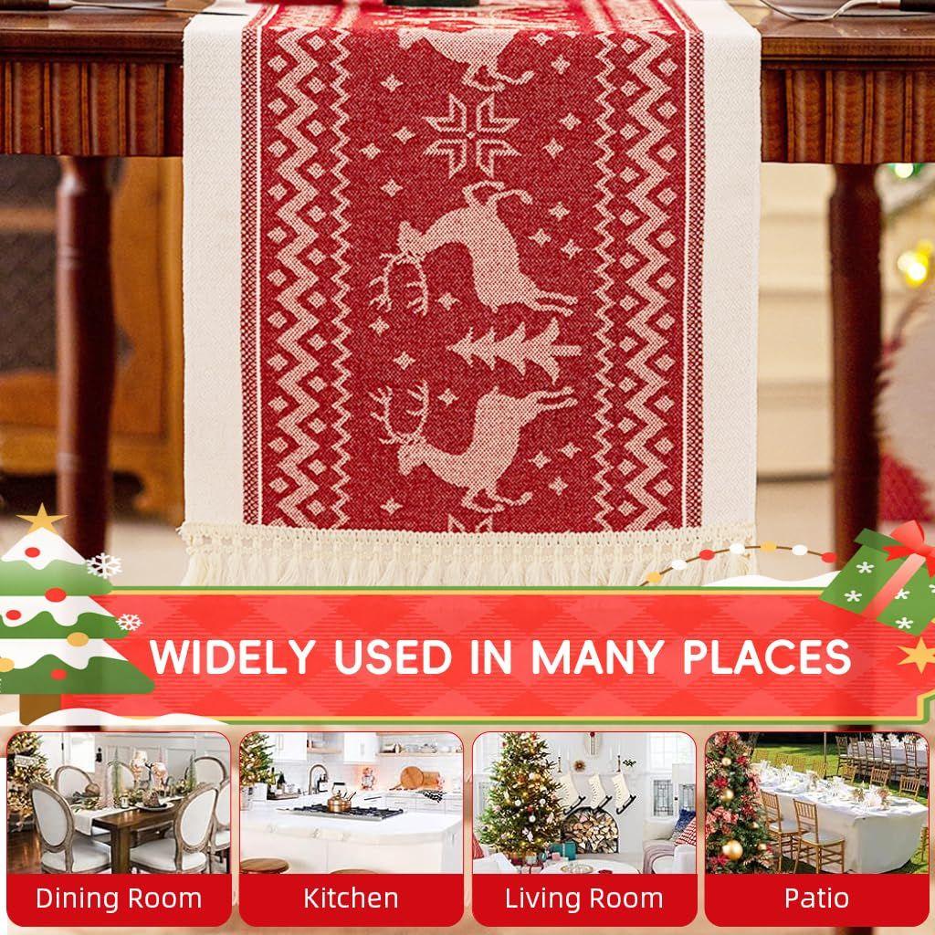 Christmas Table Runner, 13.7x70.8 Inch Elk Tree Xmas Table Holiday Decorations, Winter Kitchen Dining Table Decoration for Indoor Outdoor Christmas