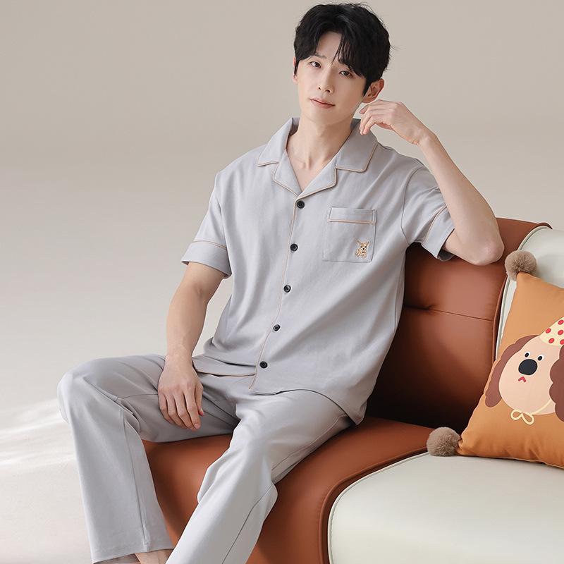 Lycra cotton couple pajamas summer pure cotton short-sleeved trousers loose and cool can be worn outside men's loungewear suit