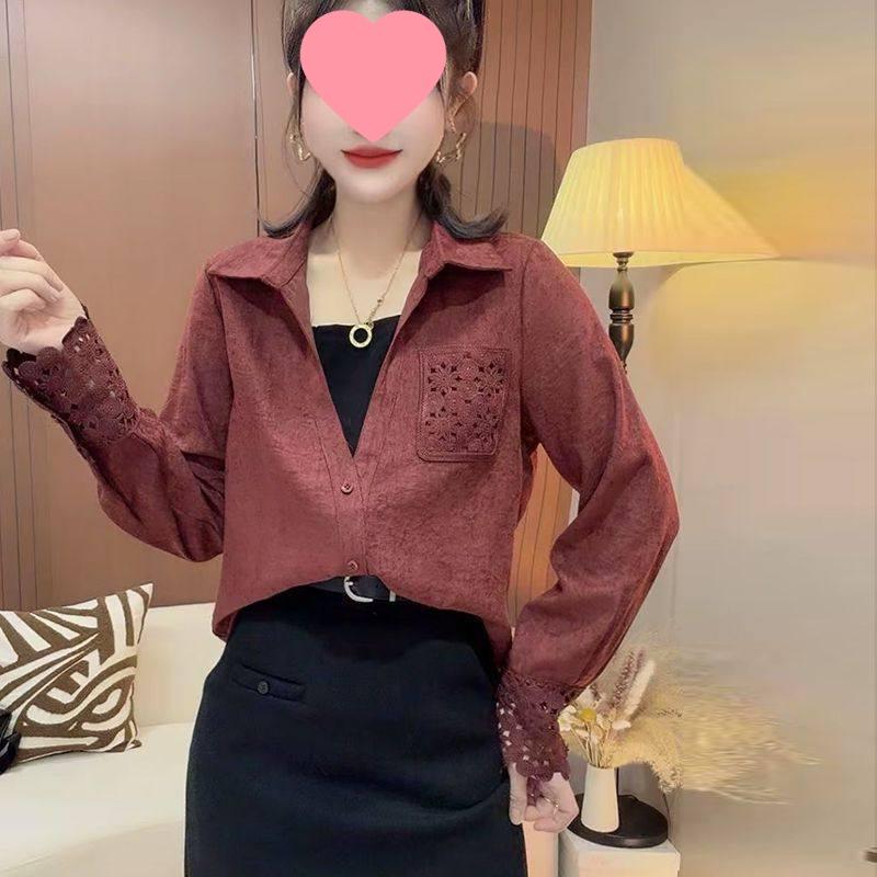 Dopamine European-Style Lace Splicing Slim-Fit V-Neck Long Sleeve Shirt for Spring and Autumn