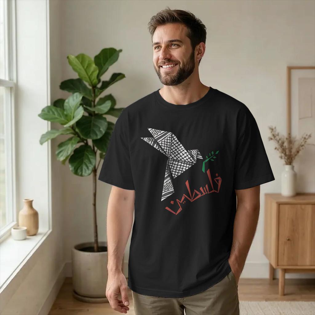 Freedom Dove-of-Peace Keffiyeh T Shirt Men Pure Cotton for Male T-Shirt Round Neck Arabic Tees