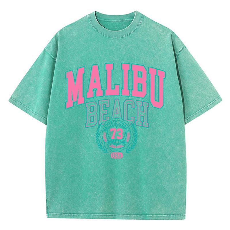 Malibu Beach Letter Printing Washed T-Shirts Street Womens Cotton Tops Loose O-Neck Clothes Casual Female Streetwear
