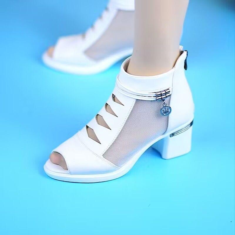 

Fashion Sandals 2025 New Mid Heel Mesh Sandals Women s High Heels Women s Coarse Heels Women s Shoes Cool Boots Shoes Mom s Shoes 35