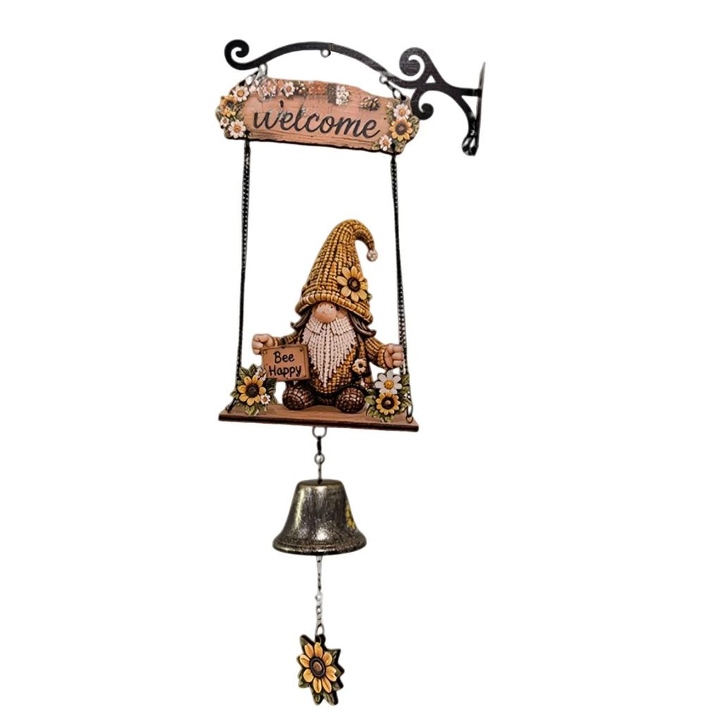Retro Gnome Welcome Bell Ornament Multi-Purpose Rustic Hand Bell Figurines Crafts Welcome Doorbell Ornament for Entry Home Decor