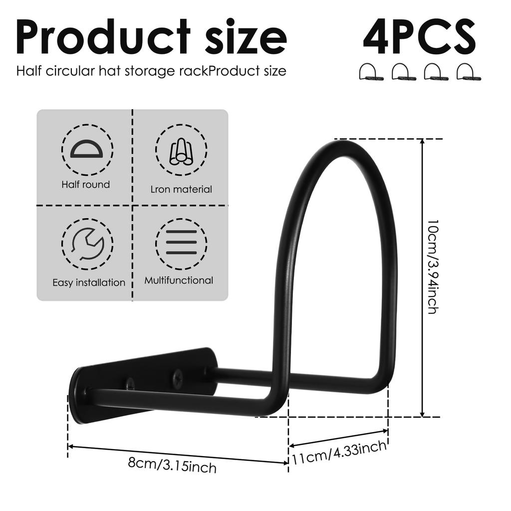 4 Pcs Hat Storage Rack Cowboy Hat Racks Wall-mounted Iron Cowboy Hats Holder Semicircular Hat Hook for Bedroom and Living Room