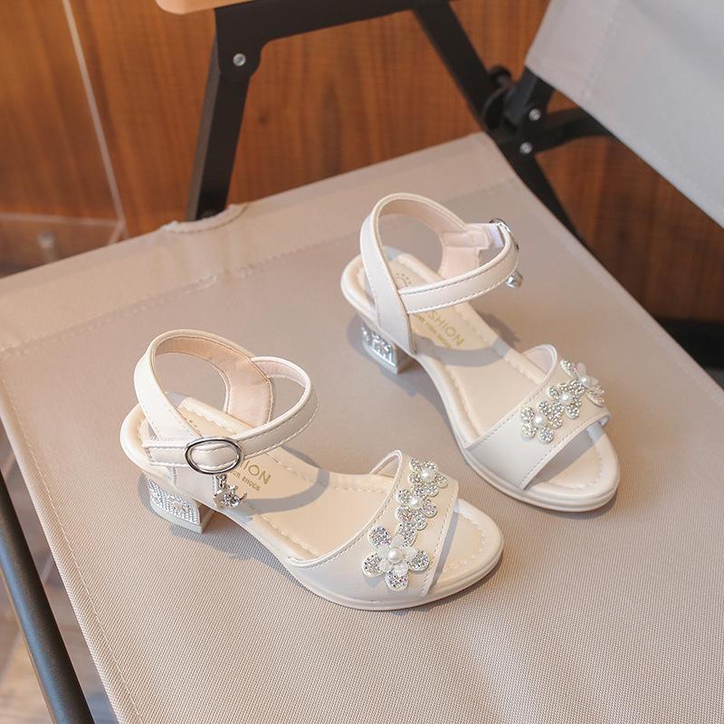 Girls’ Rhinestone Flower High Heel Sandals – Non-slip Soft Sole for Summer & Dance